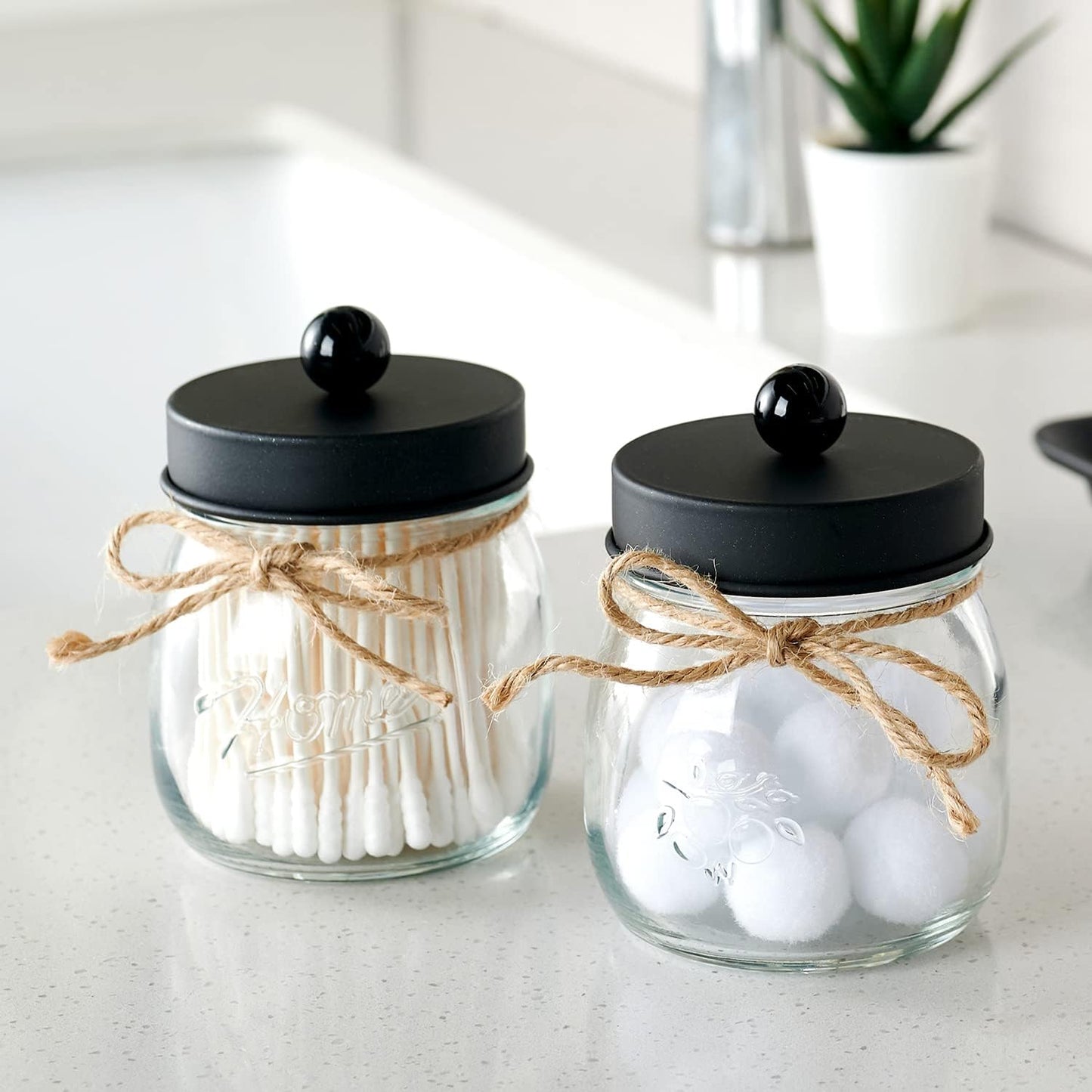 SheeChung Bathroom Accessories Set - Mason Jar Foaming Hand Soap Dispenser, Qtip Holder Set, Rustic Farmhouse Decor, Apothecary Jars, Bathroom Countertop Organizer - Black
