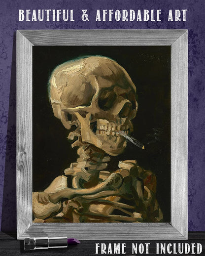 Skeleton Smoking Weed by Vincent Van Gogh 11x14 Unframed Print – Macabre Yet Humorous Gothic Art, Morbidly Rebellious Post-Impressionist Expressionist Decor, Creepy Halloween Dark Humor Aesthetic