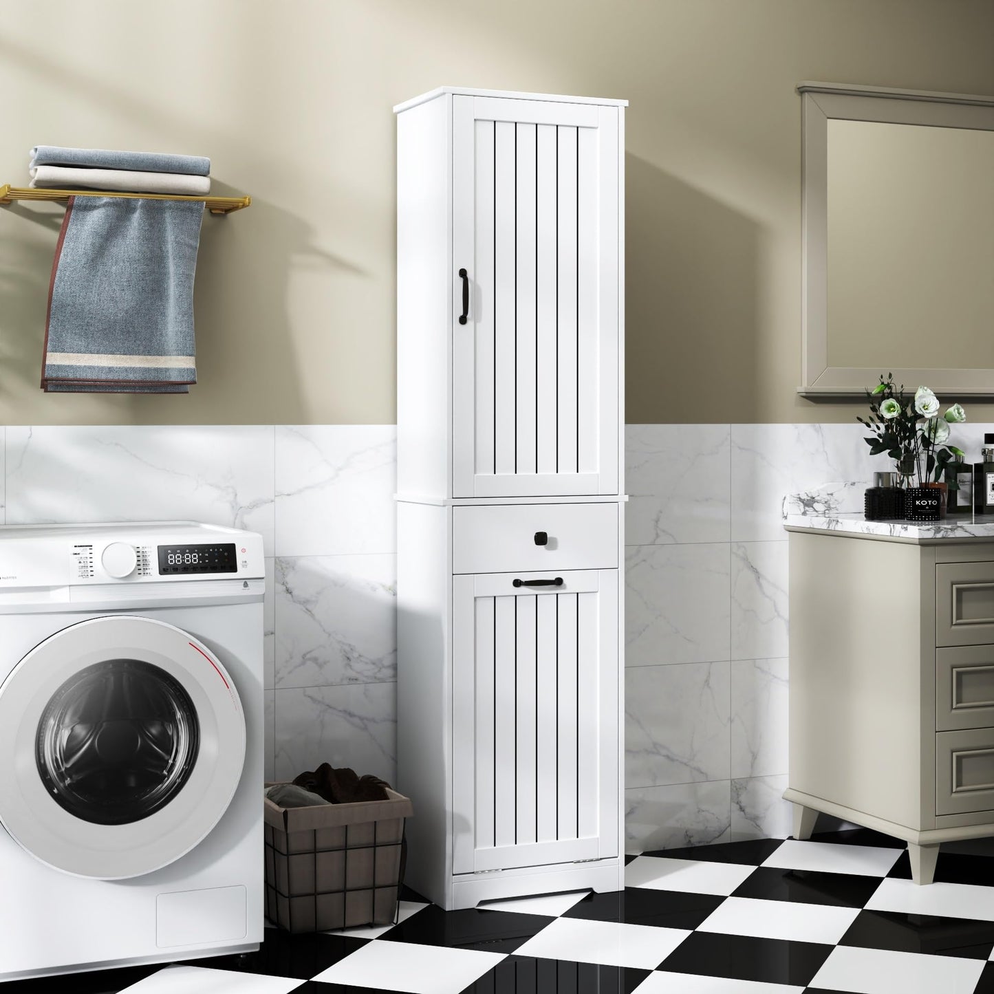 Laundry Cabinet with1 Storage Cabinet and 1 Drawer – White, Space-Saving Organization Solution for Easy Laundry Management