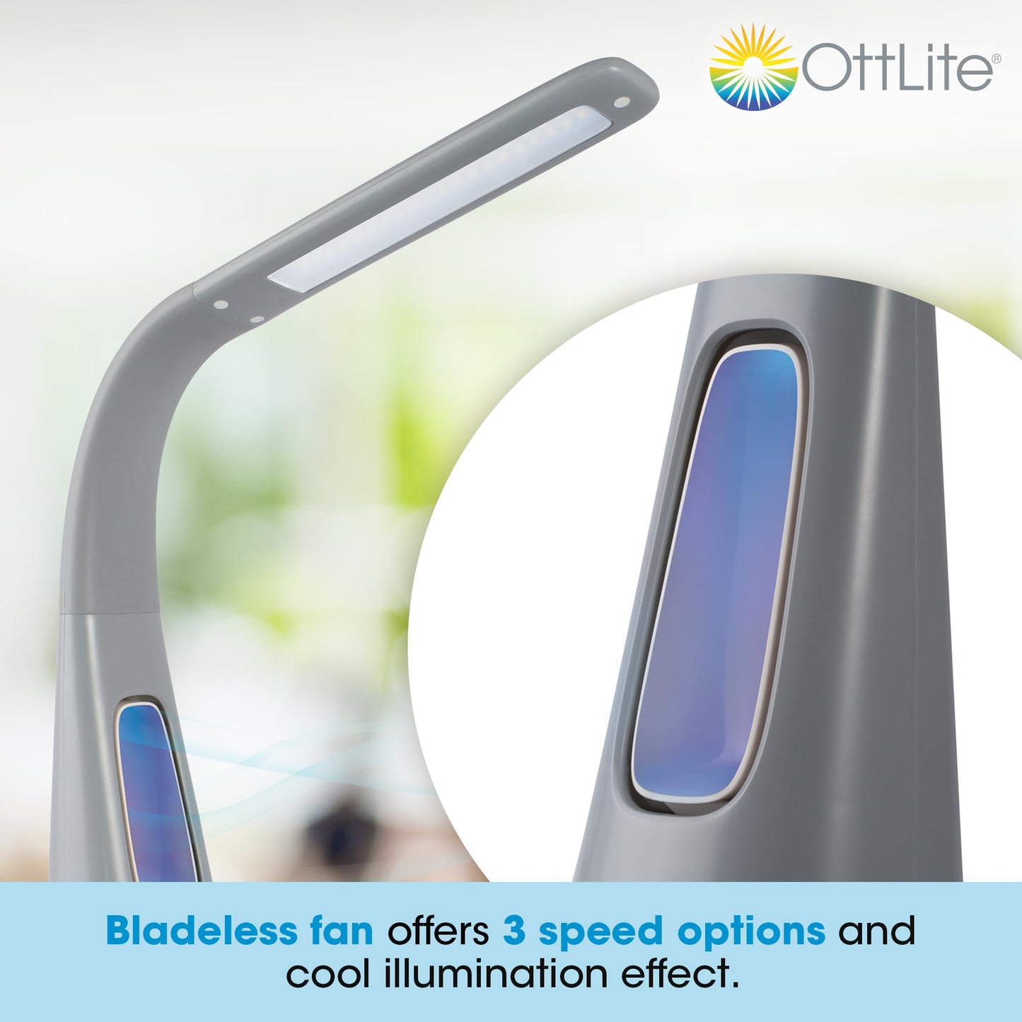 OttLite Cool Breeze LED Lamp with Fan (Gray) - 3-Speed Bladeless Fan & 5 Brightness Settings with Touch Activated Controls, Energy-Efficient Natural Daylight LEDs for Home Office, Desk, & Dorms