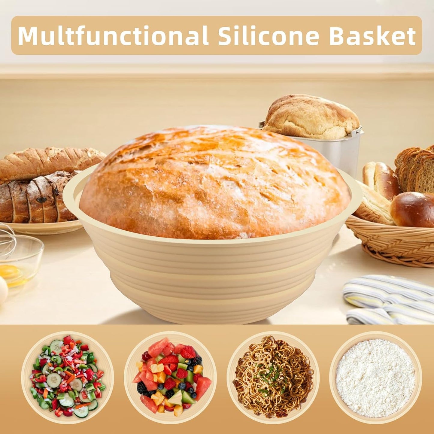 Silicone Banneton Basket, Proofing Basket for Bread Baking, 2 Round Silicone Bannetons & 1 Cloth Cover Set