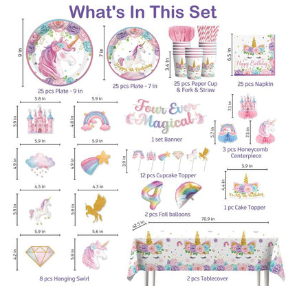Xynic 181Pcs Unicorn 4th Birthday Decorations, Four Ever Magical Birthday Decorations Tableware Set with Plates and Napkins Serves 25, 2 Tablecloths for Unicorn Decorations