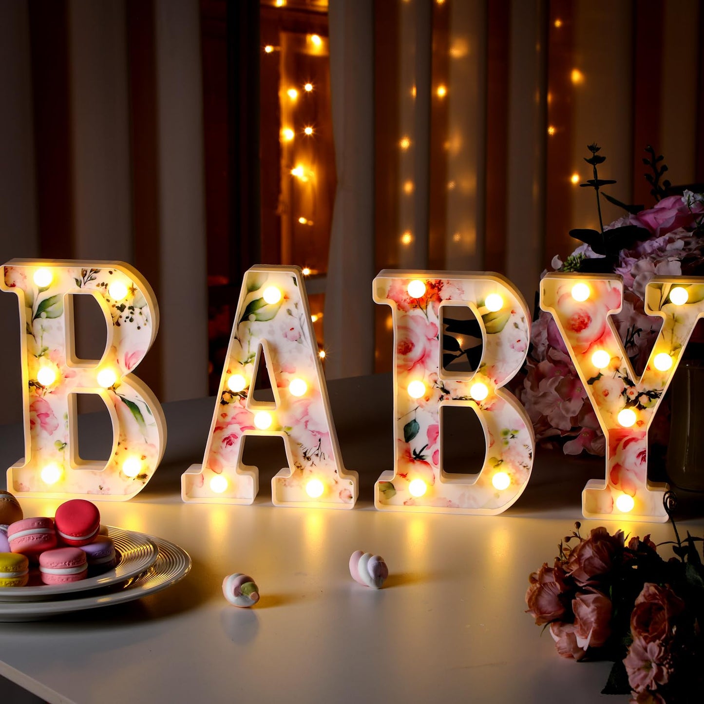 Realspring Woodland Greenery Centerpieces Baby Marquee Light up Sign Letters 8.15'' Baby Shower Letter Battery Operated Gender Reveal Birthday Party Decor for Home Table(Pink)