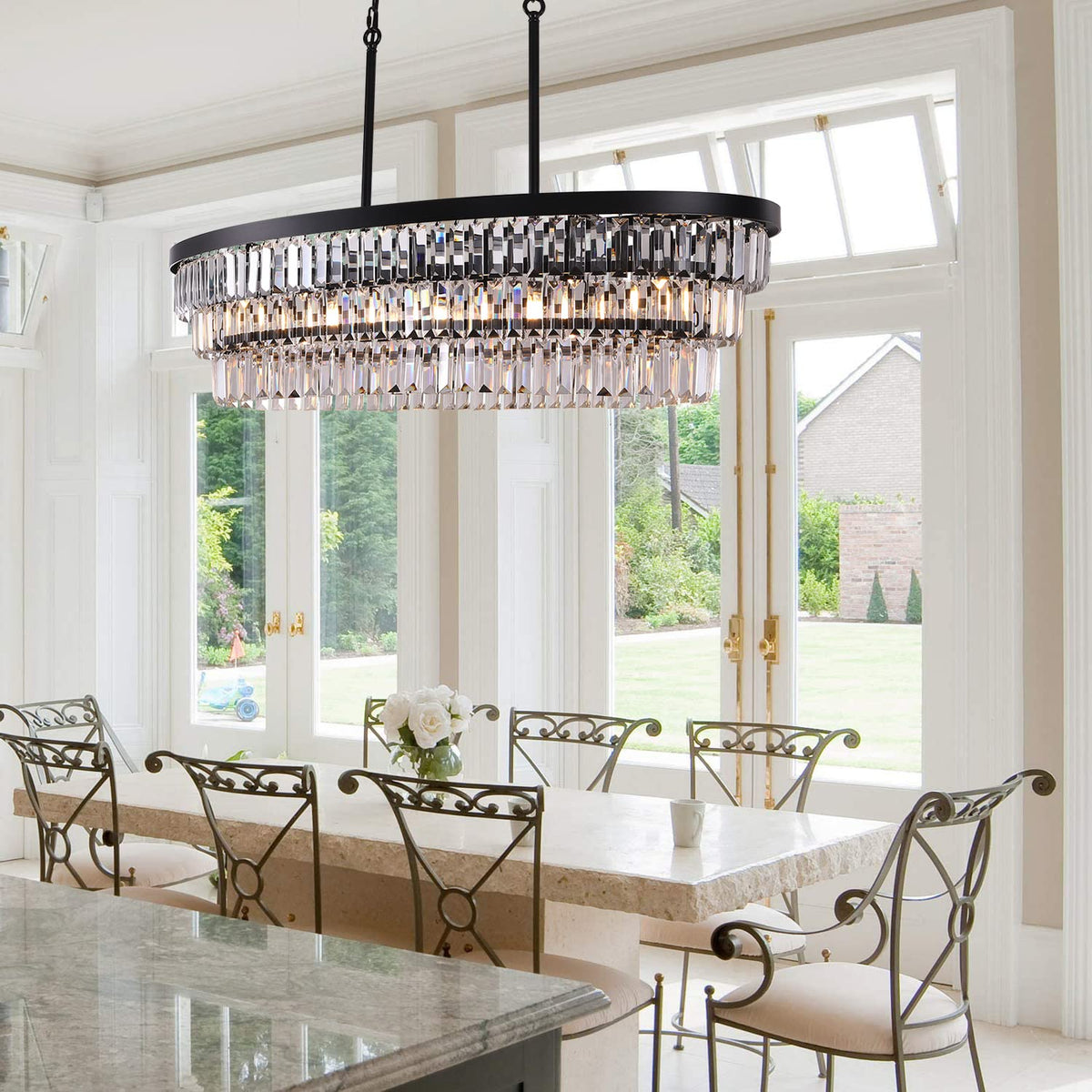 TOCHIC Chandelier 40 inch, Farmhouse Black Crystal Chandelier, Kitchen Island Lighting, Dining Room Light Fixture for High Ceiling, Modern Linear Oval Chandeliers for Living Room, Office Area, Bar