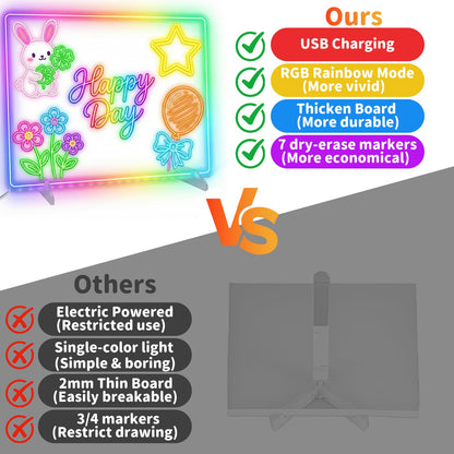 Tobaisaa LED Drawing Board for Kids, 16" Rechargeable Light Up Drawing Pad, Acrylic Dry Erase Board with 7 Markers & Cleaning Kit, Creative Gift for Boys Girls Ages 3 4 5 6 7 8 9 10 12+ Years Old