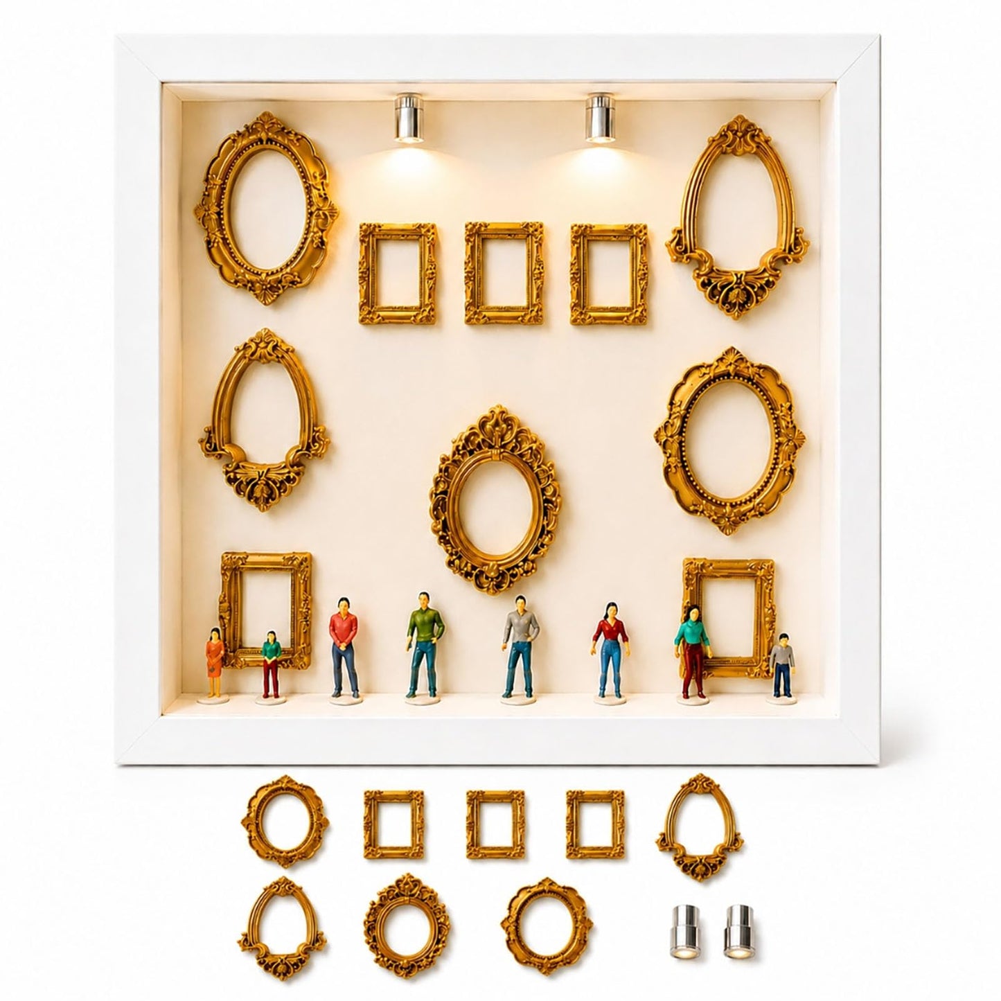 DIY Mini Museum Shadow Box Frame Kit, Personalized Museum of Us Silhouette Display with 8pcs Mini Gold Frames & 8pcs Mini Figurines, Custom Family Memory Box for Wedding, Anniversary & Home Decor