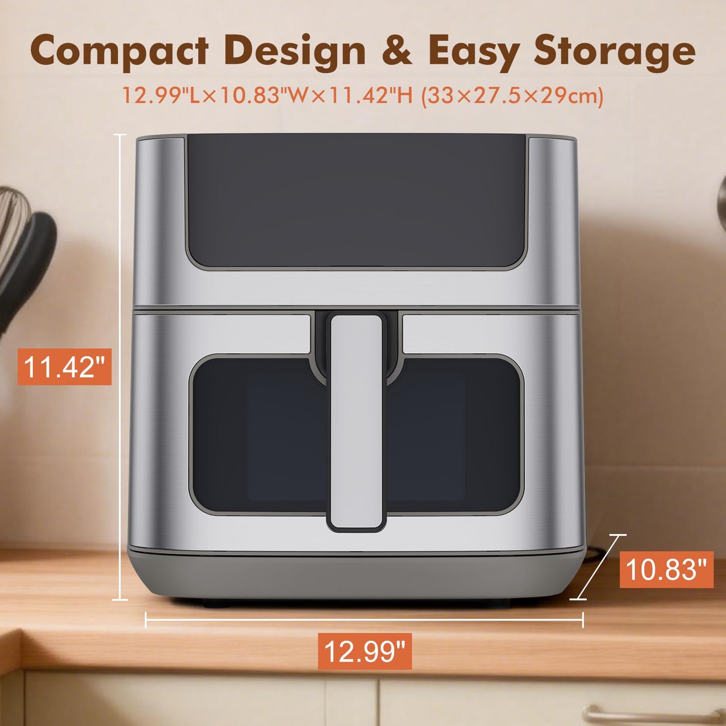 Sweetcrispy 6.34QT Air Fryer, 8-in-1 Air Fryers Oven with Visible Window, 400℉ Fast Heating, Nonstick Dishwasher-Safe Basket, Timer & Auto-Off, Stainless Steel, Grey