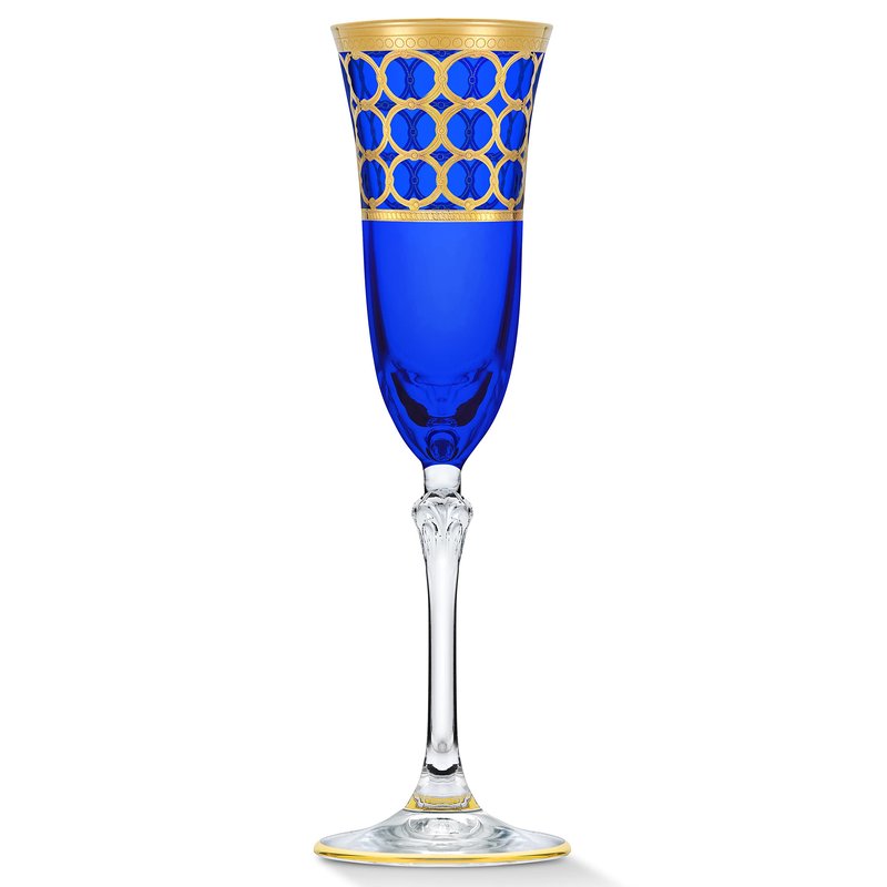 Lorren Home Trends Cobalt Blue Champagne Flutes with Gold Rings, Set of 4