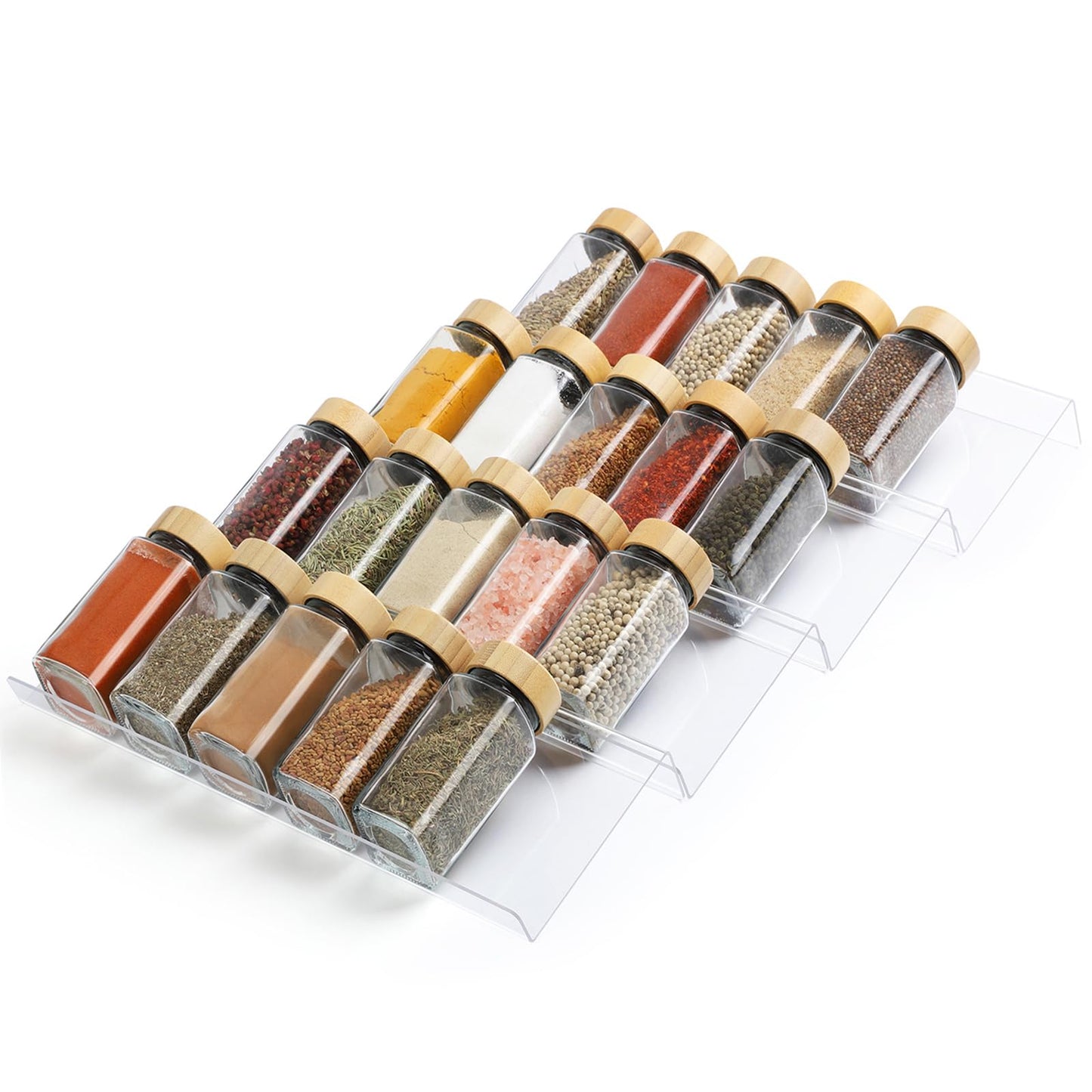 Spice Drawer Organizer 4 Tier, Acrylic Seasoning Organizer Rack, Clear Spice Rack Tray, Kitchen Seasoning Jars Drawers Insert (Jars Not Included/Expandable From 9" to 18")