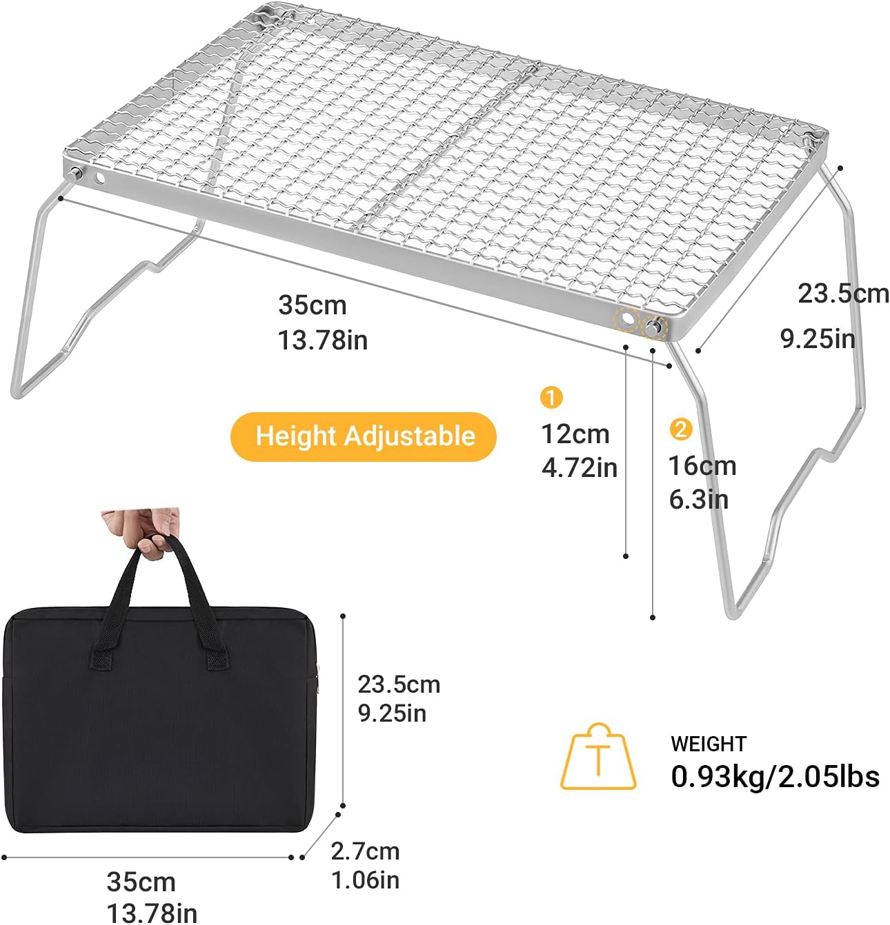 YETO Two Height Camping Grill Grate with Legs, 304 Stainless Steel Folding Campfire Grill for Outdoor Cooking