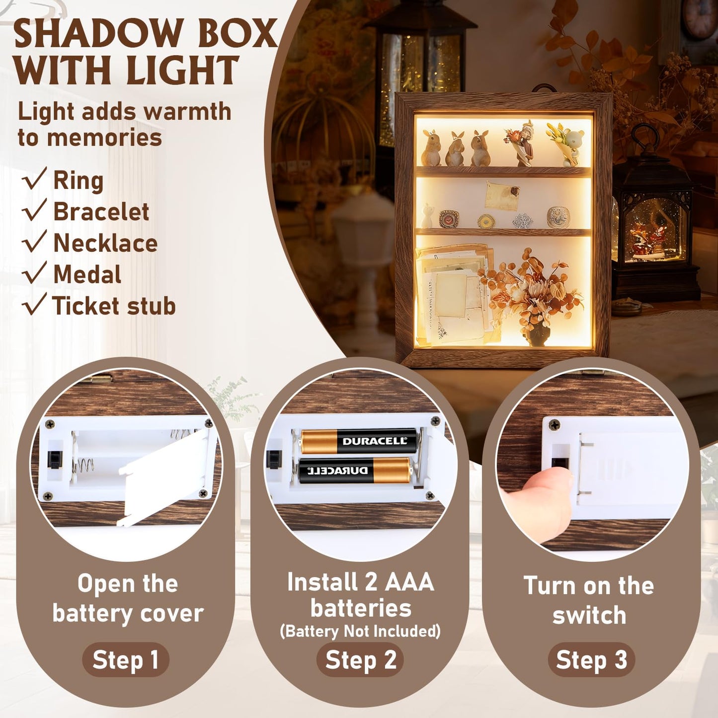 Shadow Box 14x11 Brown Picture Frames Display Cases with LED Light,Memory Keepsakes Boxes with 4 Removable Trinket Shelf,for Anniversary Wedding Baby Graduates Memorial Collect Deep Brown