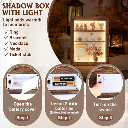 Shadow Box 14x11 Brown Picture Frames Display Cases with LED Light,Memory Keepsakes Boxes with 4 Removable Trinket Shelf,for Anniversary Wedding Baby Graduates Memorial Collect Deep Brown
