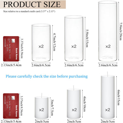 Set of 6 White Pillar Candles with Clear Glass Hurricane Holders- Elegant Cylinder Candle Vases for Weddings, Parties, Centerpieces, Home & Office Decor (White, 6 Set)
