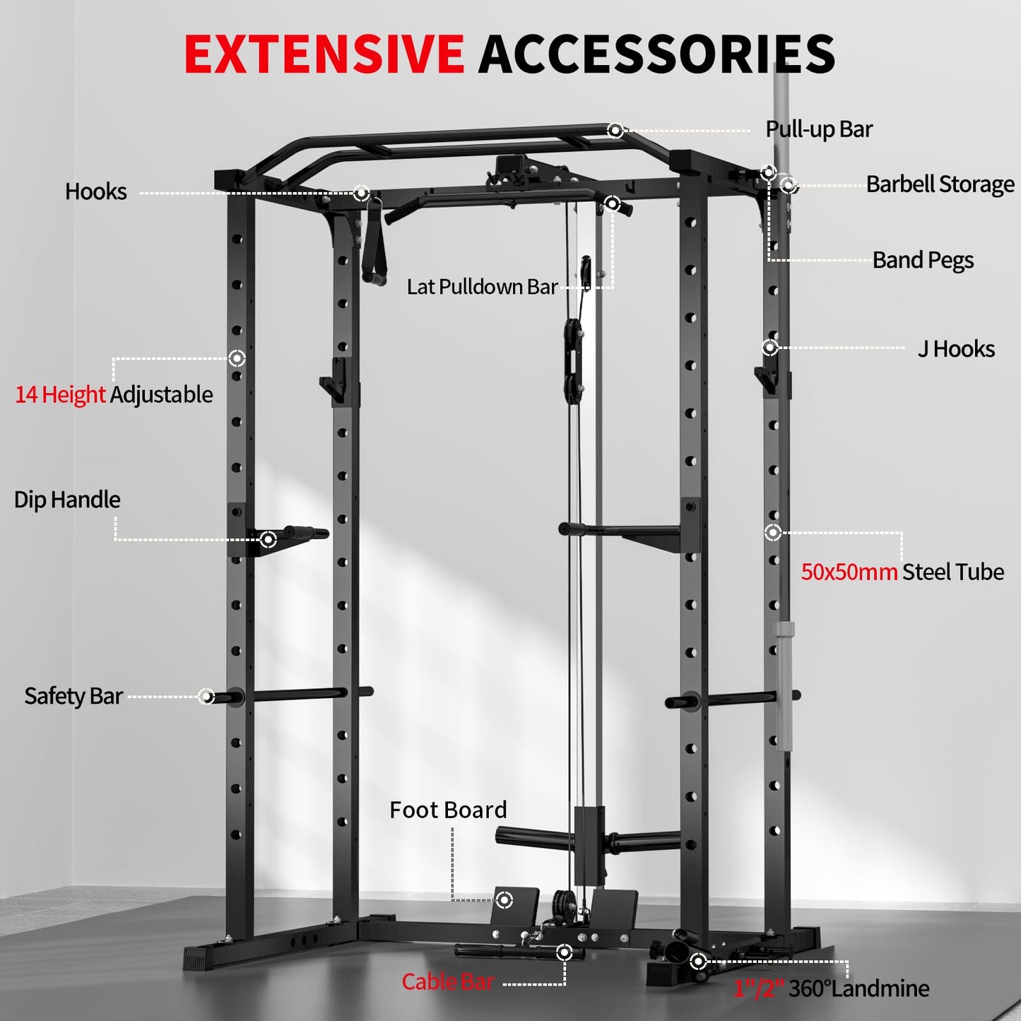 JEEKEE Power Rack with LAT Pulldown, 2000LBS Power Cage with Cable System, Multi-Function Squat Rack with J-Hooks, Safety Bars, Landmine, Pull Up Bar & Attachments for Home Gym Strength Training,Black