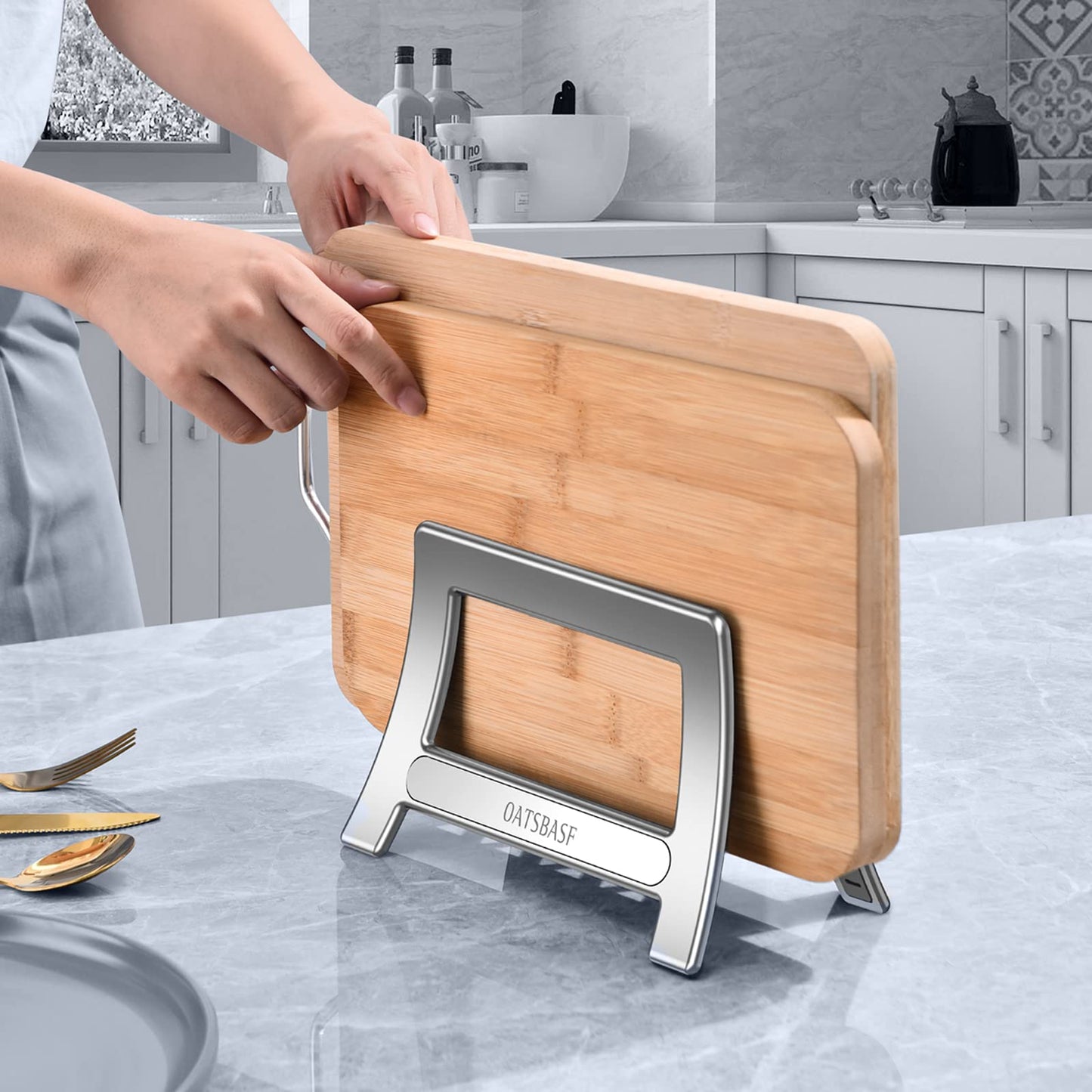 Xuenair Cutting Board Rack, Auto Width Adjustable Holder Stand for Countertop or Cabinet (Silver)
