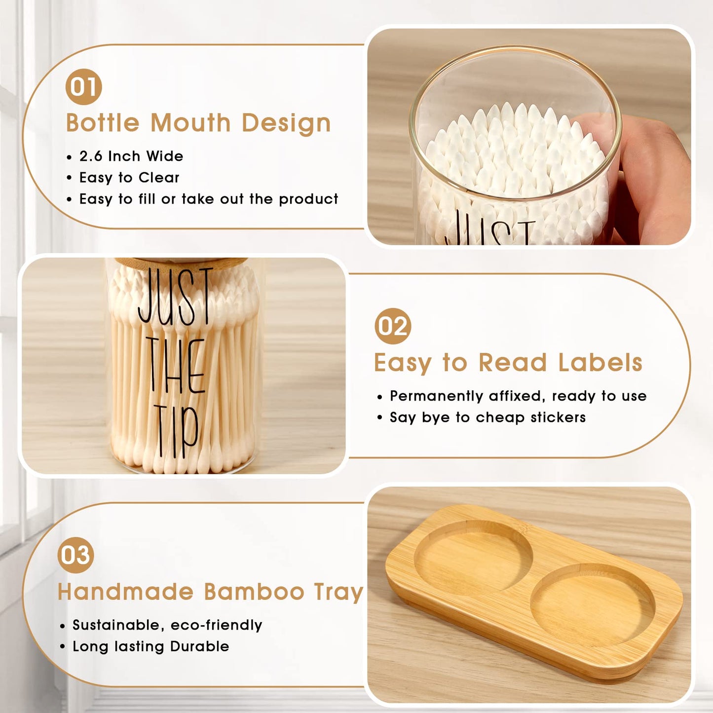 Funny Qtip Holder Dispenser 2 Pack Glass Apothecary Jars Canisters with Tray, Cotton Ball Qtip Holder Bathroom Set with Bamboo Lids for Cotton Swab Farmhouse Bathroom Storage Organization