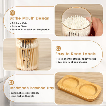Funny Qtip Holder Dispenser 2 Pack Glass Apothecary Jars Canisters with Tray, Cotton Ball Qtip Holder Bathroom Set with Bamboo Lids for Cotton Swab Farmhouse Bathroom Storage Organization