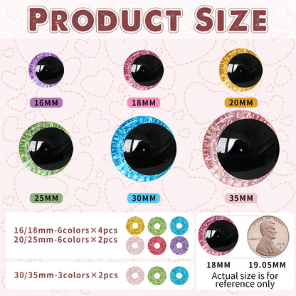 MUCUNNIA 168pcs 3D Glitter Safety Eyes 16-35mm Moon Safety Eyes for Crocheting with Washers Large Safety Eyes for Amigurumi Crochet Eyes for Stuffed Animals Doll Making Gift for Crochet Lovers