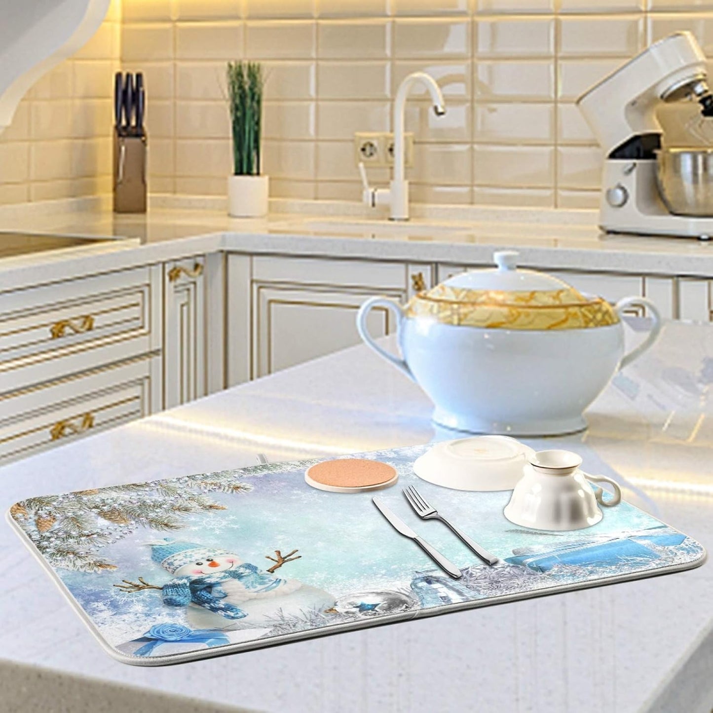 Kcldeci Merry Christmas Dish Drying Mat 18x24 Inch, Snowman Winter Xmas Drainer Pad for Kitchen Countertops