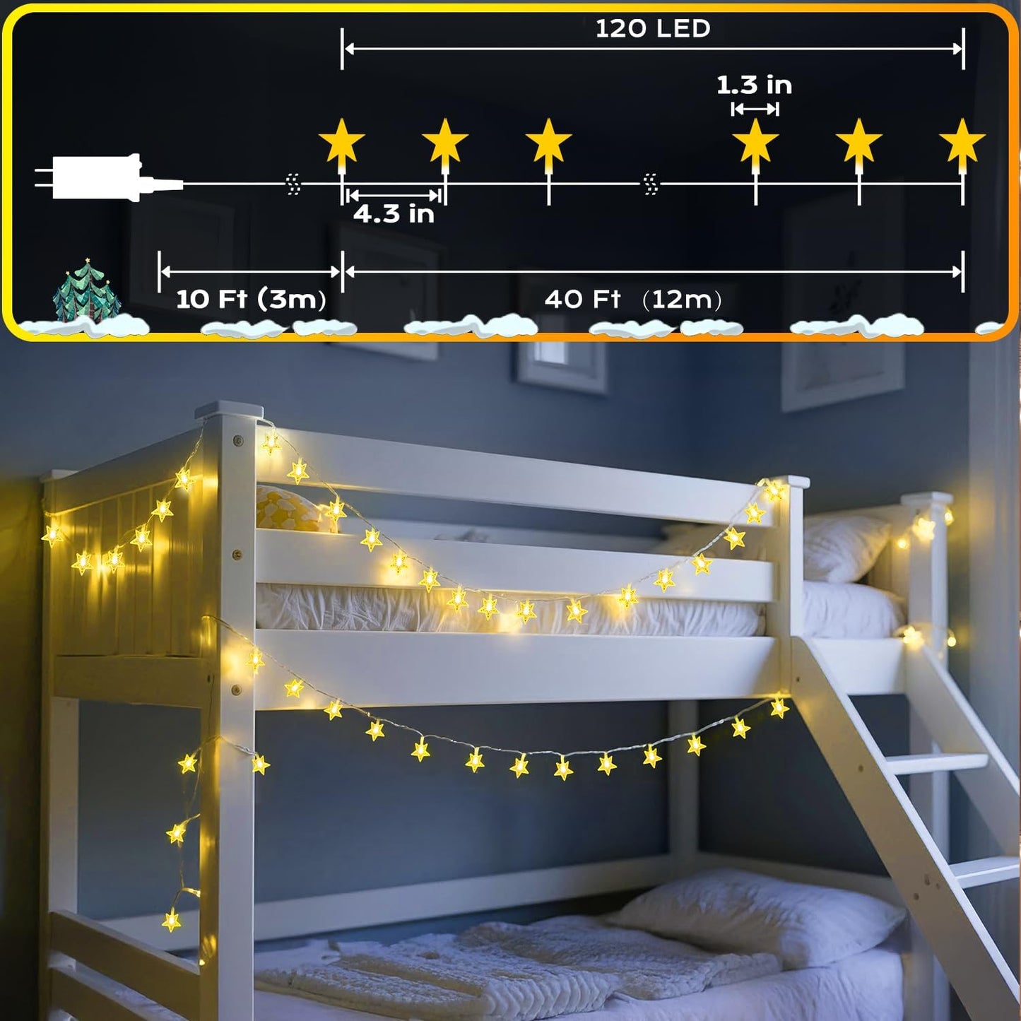 120 LED 40FT Star String Lights, Indoor Outdoor Christmas Twinkle Light with Timer & Memory