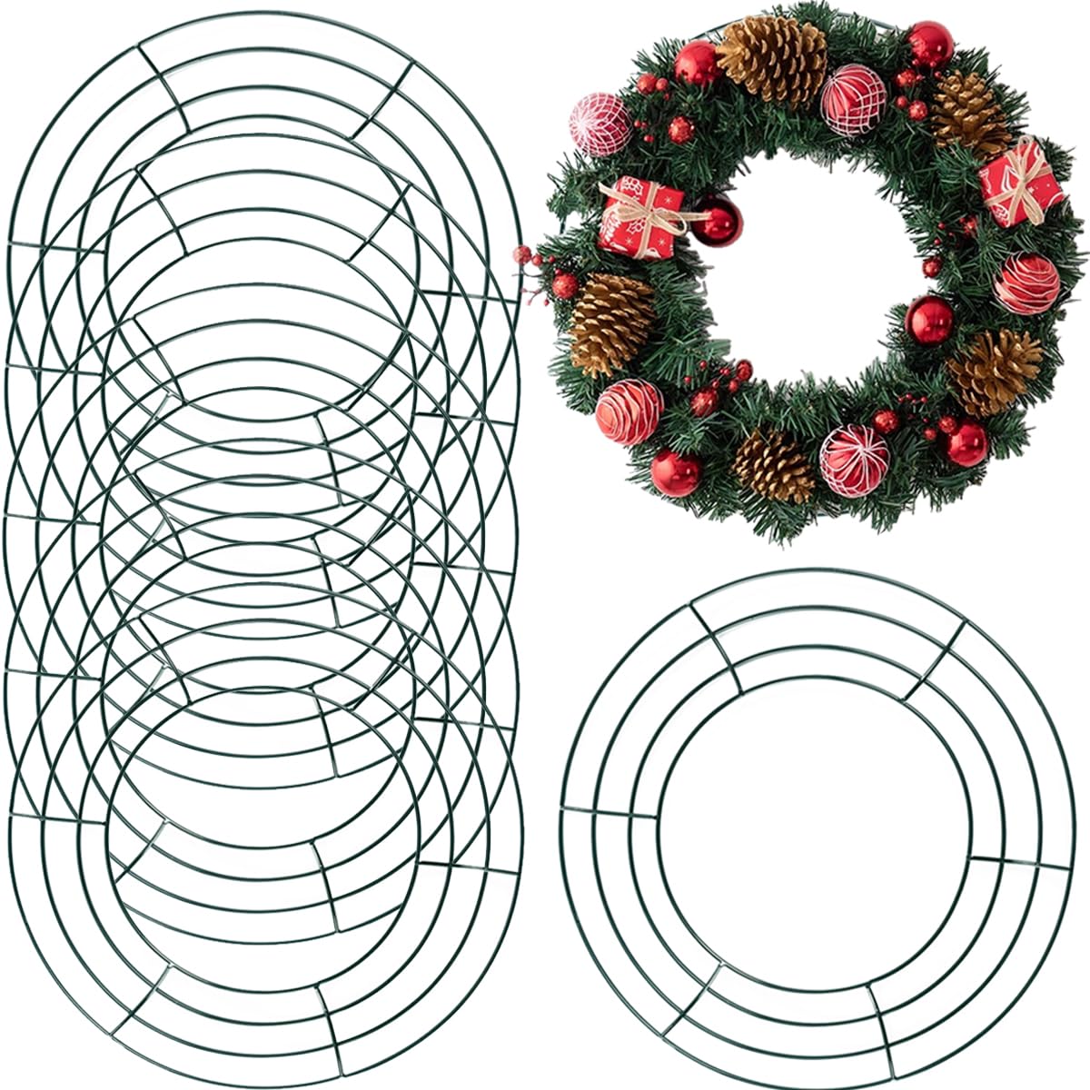 TIHOOD 6PCS 10” Wire Wreath Frame Round Metal Wreath Form for Crafts & Floral Decorations on Weddings Christmas Home Party Celebrations, Dark Green