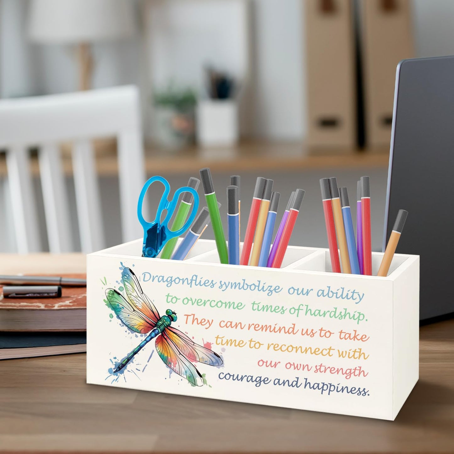 URLLUAE Inspirational Dragonfly Wooden Pen Pencil Holder for Office Desk Accessories, Motivational Gifts for Women, Encouragement Gifts Makeup Brush Toothbrush Holder Organizer
