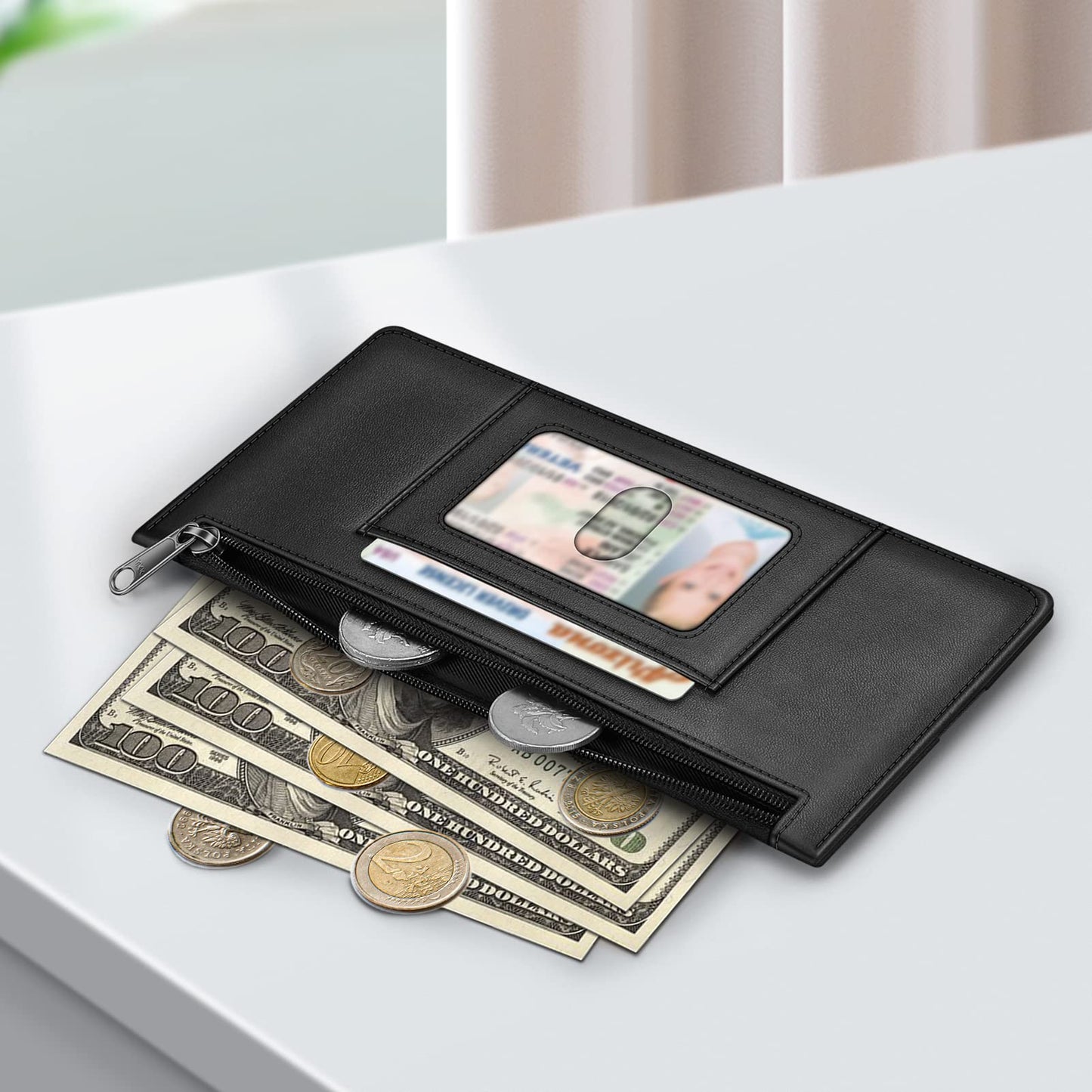 FINTIE Slim Credit Card Wallet Holder Change Pouch, RFID Blocking Business Cards Cases with Zipper Pocket for Cash, Coin, Receipt, Mattle Black