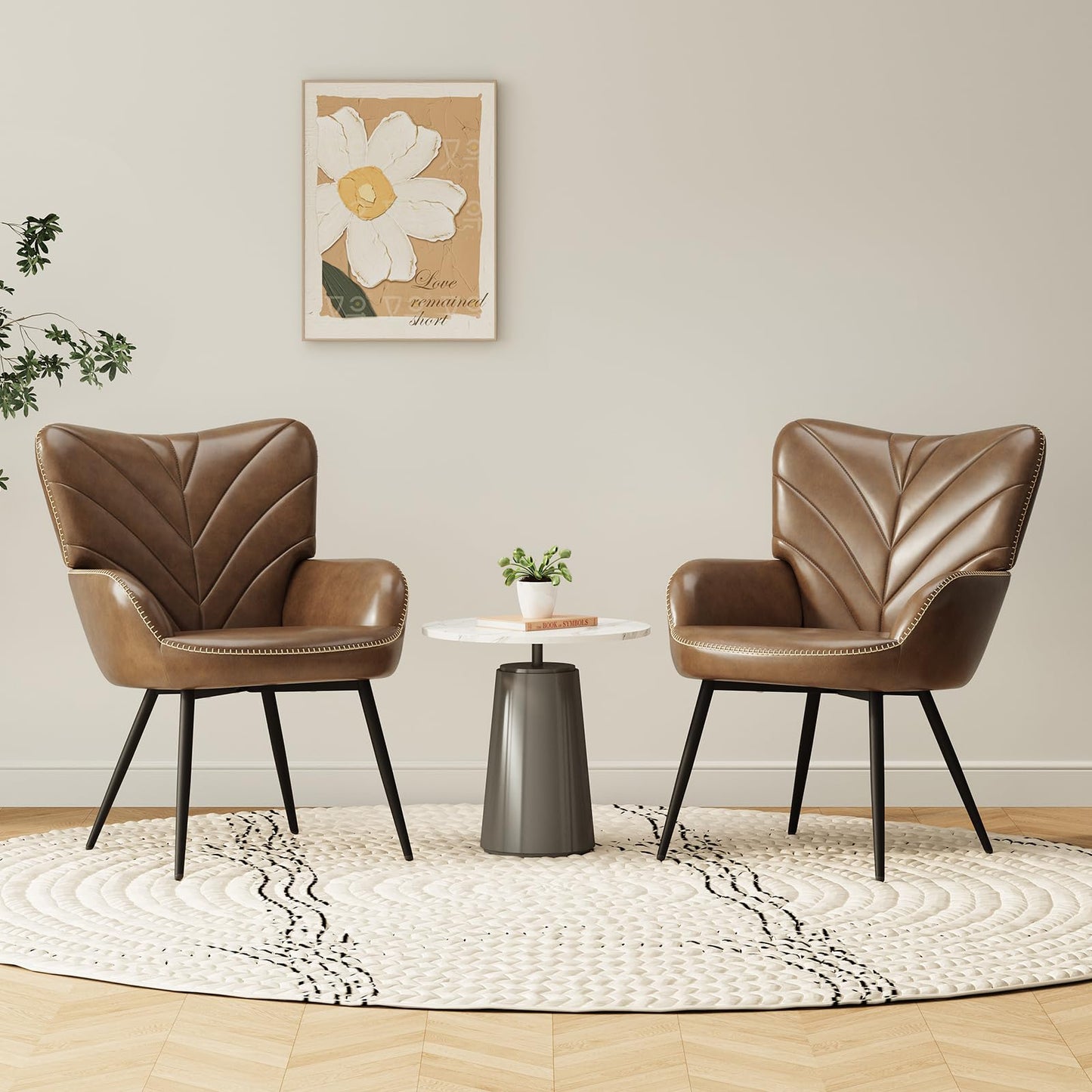 MALOL Mid-Century Modern Faux Leather Accent Chair for Living Room, Upholstered Armchair with Curved Back, High-Density Cushion & Metal Legs, Lounge Chair for Bedroom/Reading Corner,Set of 2
