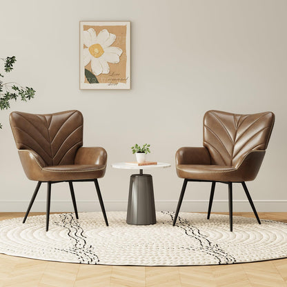 MALOL Mid-Century Modern Faux Leather Accent Chair for Living Room, Upholstered Armchair with Curved Back, High-Density Cushion & Metal Legs, Lounge Chair for Bedroom/Reading Corner,Set of 2