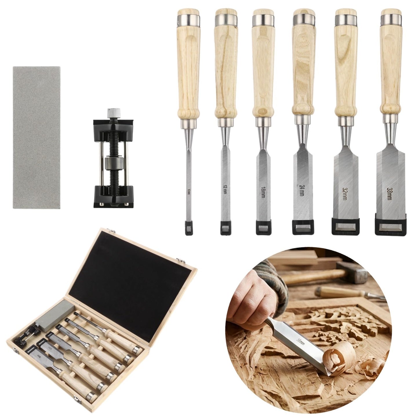 8 Pcs Wood Chisel Set for Woodworking, CR-V Steel Wood Carving Chisels Kit (1/4" to 1-1/2") with Sharpening Stone & Honing Guide, Professional Carpentry Hand Tools in Wooden Box