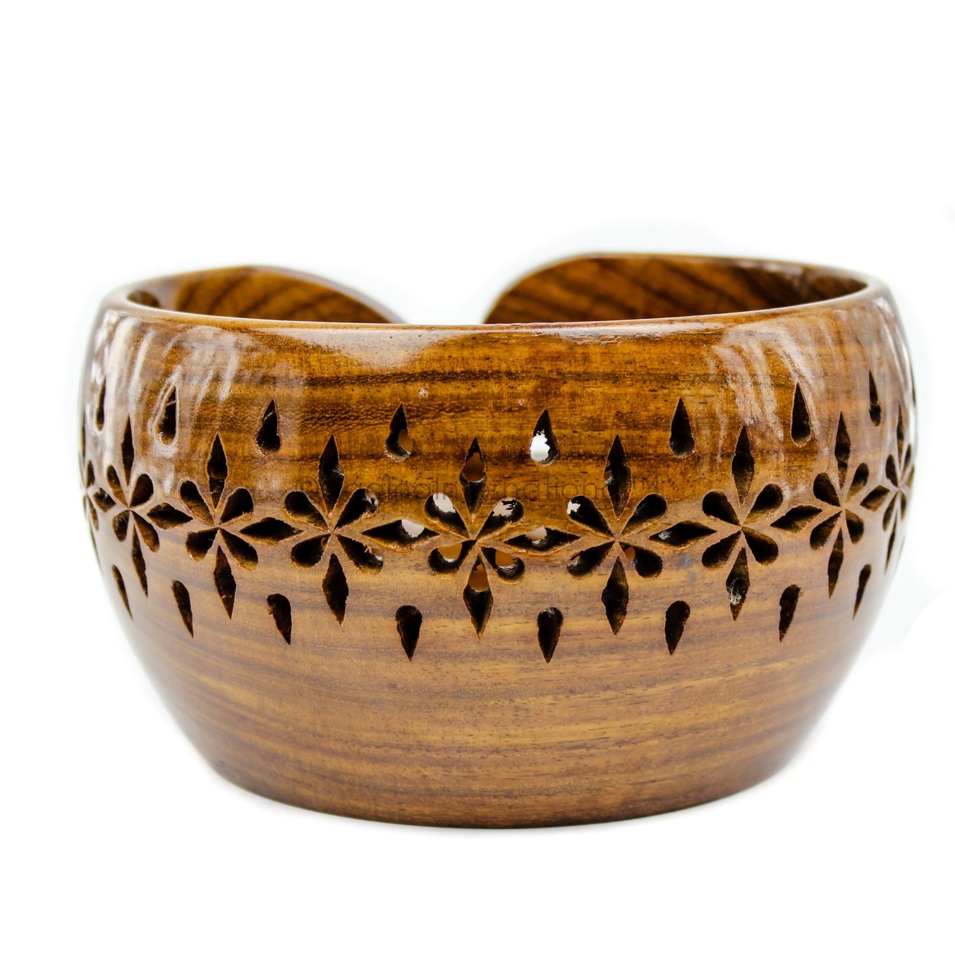 Nagina International Rosewood Crafted Wooden Yarn Storage Bowl With Carved Holes & Drills | Knitting Crochet Accessories (Medium)