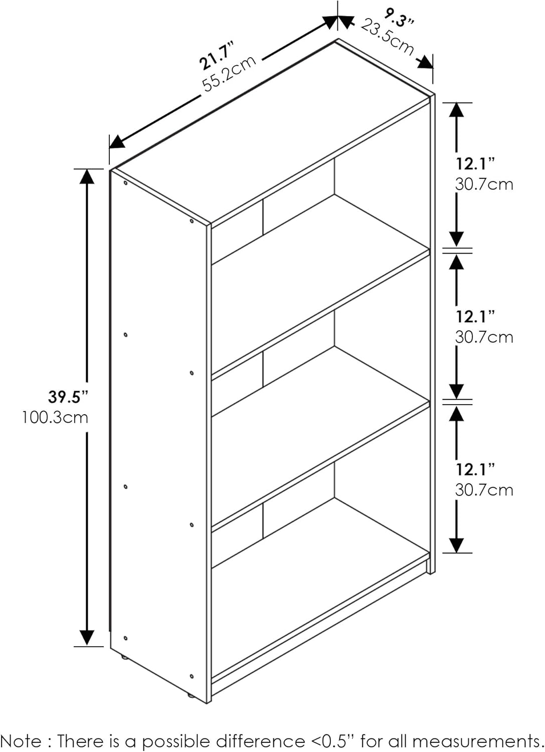 3-Tier 9.3" 21.8" 39.5", Furinno BASIC Book Shelf, Modern Bookshelf, Bookcase with Open Shelves, x x for Living Room