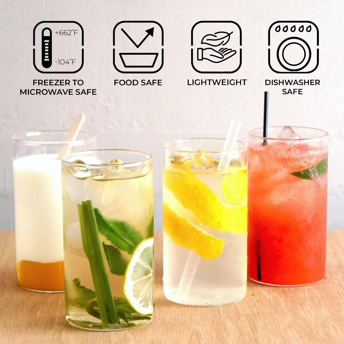 Borosil Drinking Glasses Set of 6, 12 Oz, Clear & Lightweight, BPA Free, Odor Resistant, Dishwasher Safe