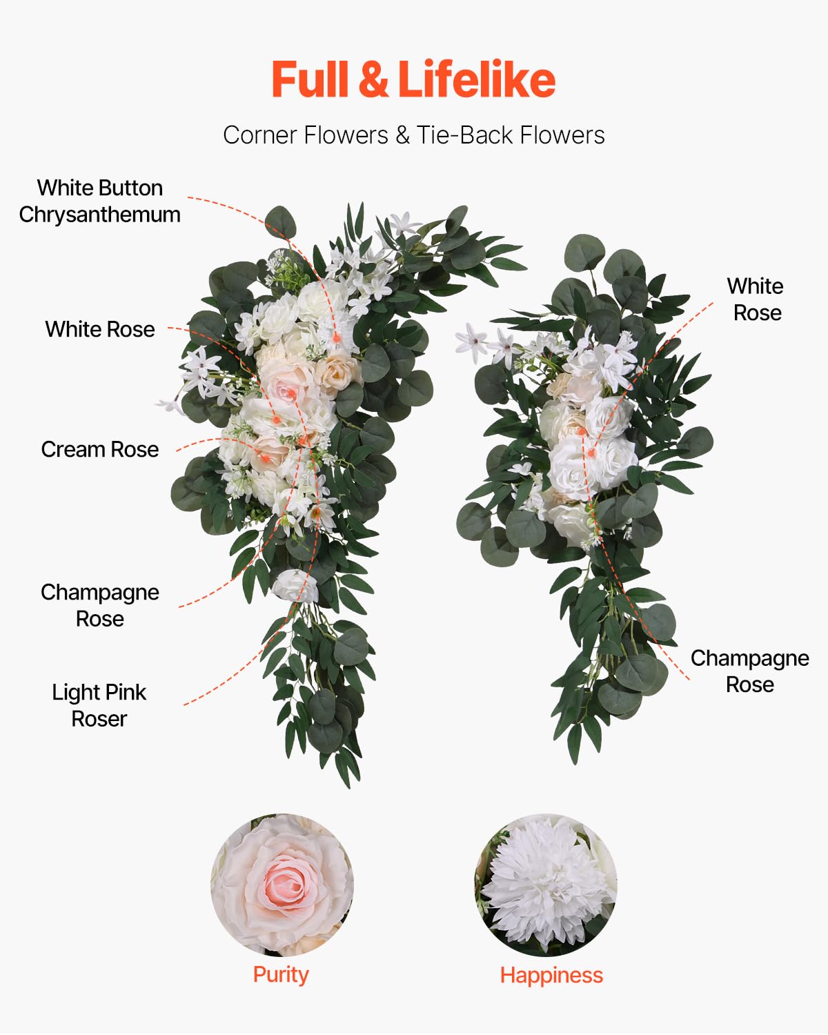 VEVOR Artificial Wedding Arch Flowers Kit, White Wedding Arch Flowers with Drapes Kit (Pack of 4) - 2 Pcs Floral Arrangement, 2 Pcs Sheer Drapes, for Ceremony Bouquets Reception Backdrop Decoration