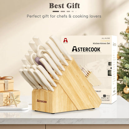 Knife Set, Astercook 22-Piece Kitchen Knife Set with Built-in Sharpener Block, High Carbon Stainless Steel Knives, Dishwasher Safe, Non-Slip Handle, Elegant Cream White Design, Perfect Holiday Gifts