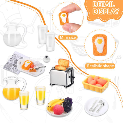 44 Pieces 1: 12 Dollhouse Miniature Breakfast Kitchen Accessories Mini Toast Machine Bread Juice Milk Eggs Cups Fruits Plates Knife Fork Spoons for Dollhouse Kitchen Scene and Cake Topper Decor