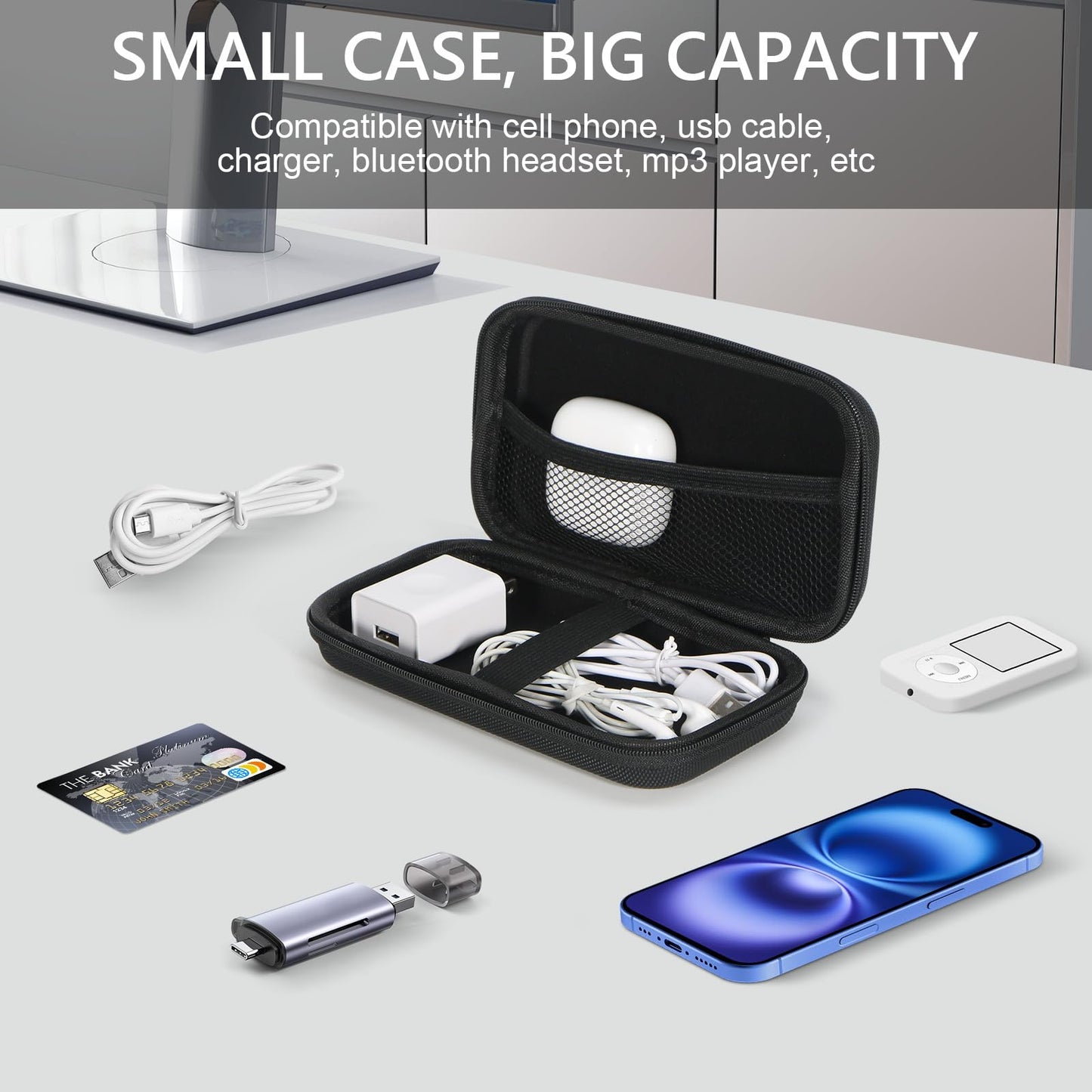 GLCON Portable Protection Hard EVA Case for External Battery,Cell Phone,GPS,Hard Drive,USB Charging Cable,Carrying Bag Mesh Inner Pocket,Zipper Enclosure,Universal Travel Pouch Bag