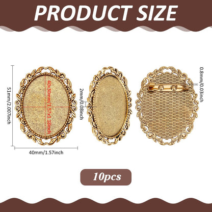 PH PandaHall 10pcs Brooch Cabochon Setting Vintage Brooch Blank Bezel Antique Gold Brooches Pins Trays Oval Cabochon Frame Photo Pin Base for Wedding Bridal Brooches Jewelry Making DIY Craft 51x40x2mm