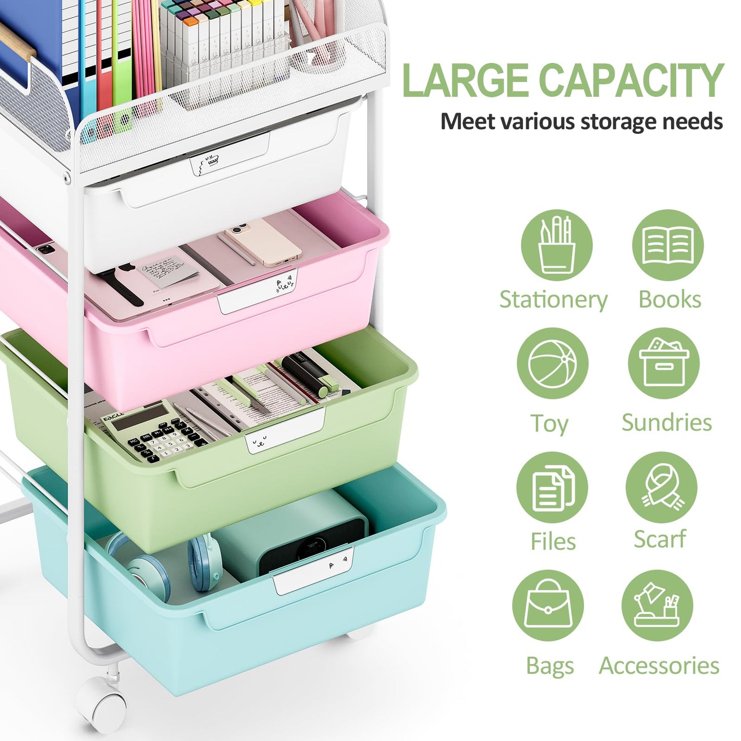 SYKIARIOL Rolling Cart with 4 Drawers,4 Tiers Rolling Utility Cart Craft Cart,Rolling Storage Drawer Cart with Mesh Top,Storage Cart with Drawers & 4 PCS DIY Lable, Classic Colorful