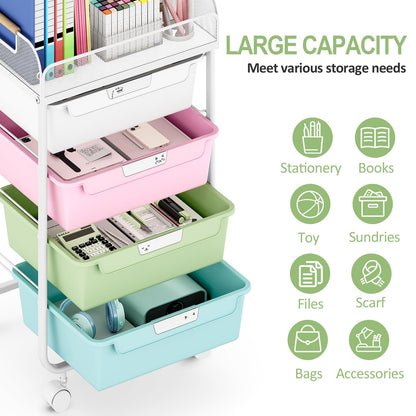 SYKIARIOL Rolling Cart with 4 Drawers,4 Tiers Rolling Utility Cart Craft Cart,Rolling Storage Drawer Cart with Mesh Top,Storage Cart with Drawers & 4 PCS DIY Lable, Classic Colorful