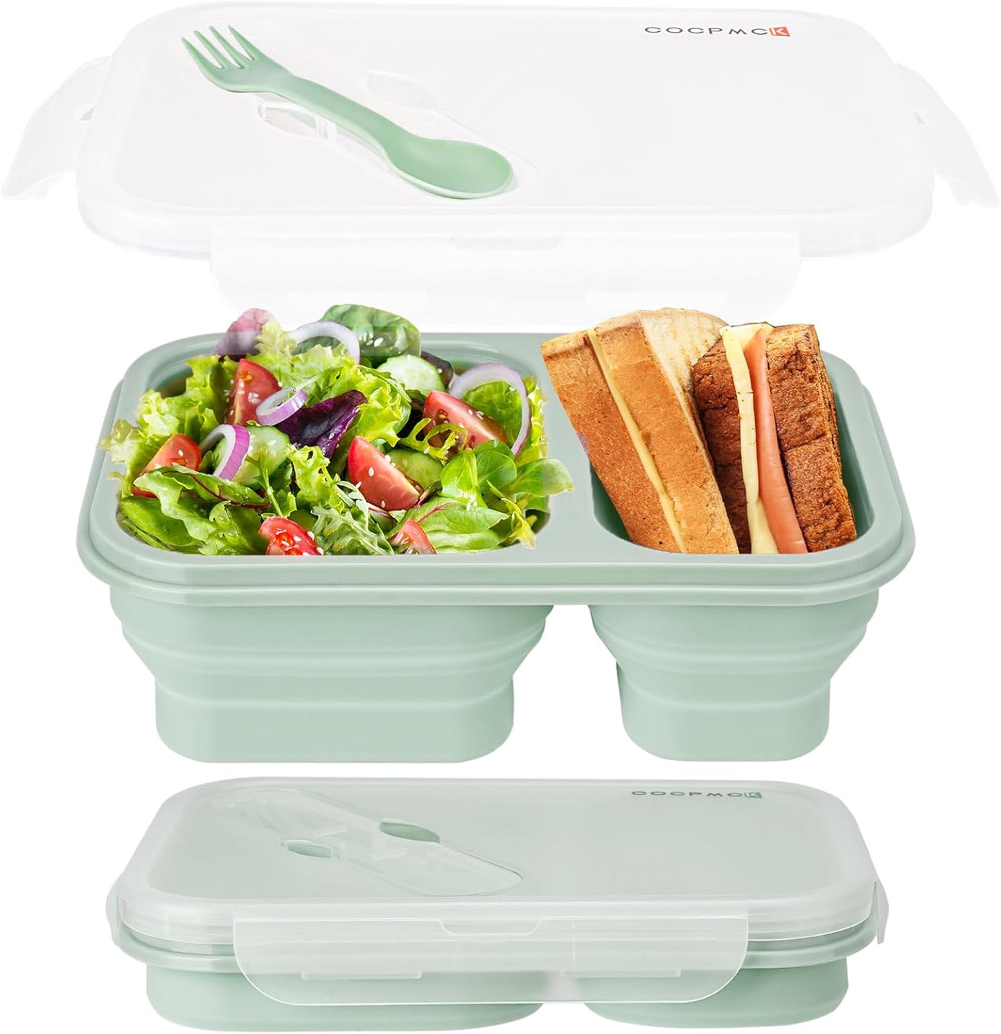 Green Collapsible Lunch Containers with Lid, 2 Compartments | Foldable Silicone Bento for Adults | BPA-Free Food