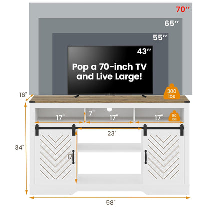 RoyalCraft Farmhouse Fireplace TV Stand for 65+ TV, Entertainment Center with 23" Electric Fireplace with Remote, 34" Tall Modern Rustic TV Console with Sliding Bar Door for Living Room, Antique White