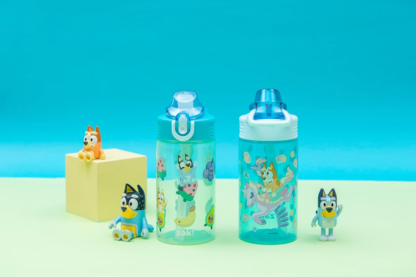 Zak Designs Bluey Sage Kids Water Bottle - 16oz Durable Plastic with Straw & Leak-Proof Cover | 2-Pack Set