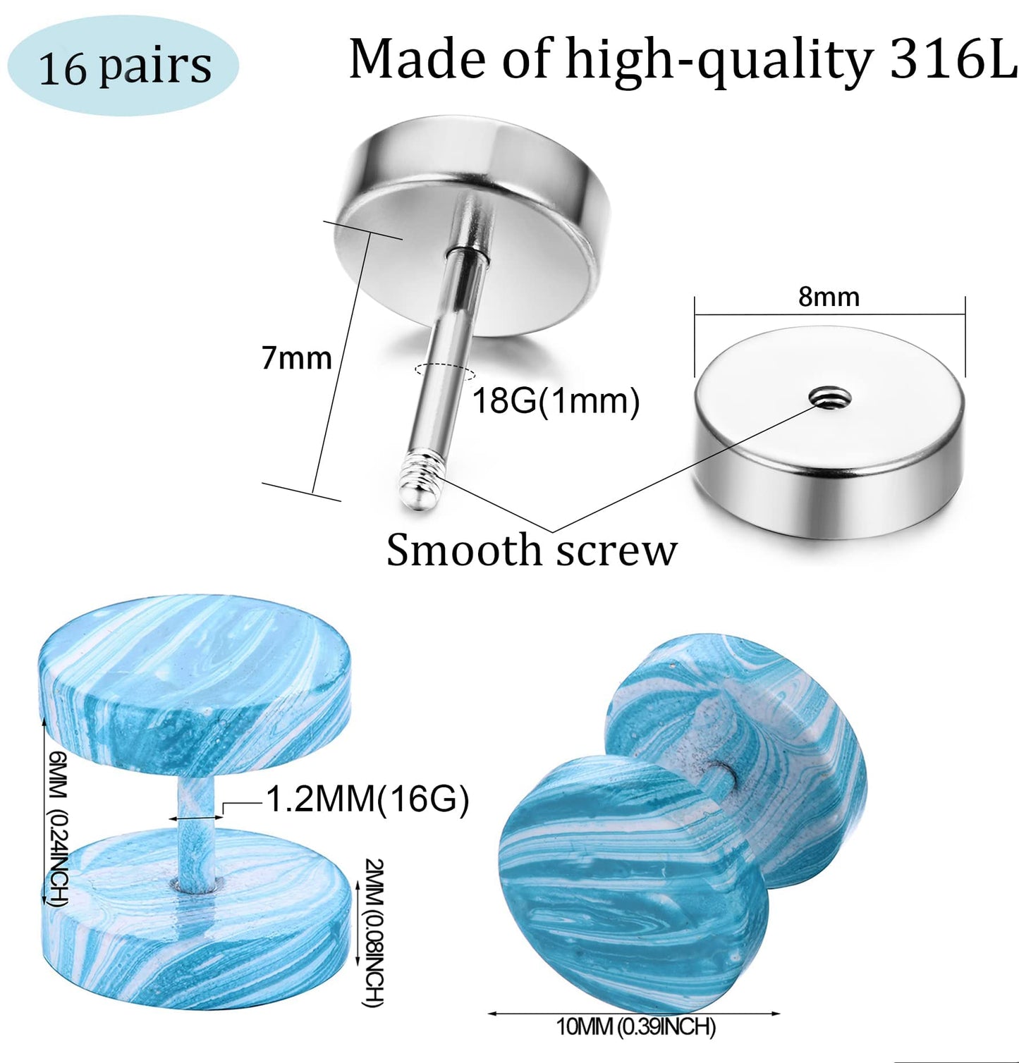 JeryWe 16 Pairs Stainless Steel Stud Earrings for Men Women Fake Gauge Screw Studs Earrings Set Barbell Ear Plugs Faux Gauges Ear Tunnel Earrings 8MM, Stainless steel