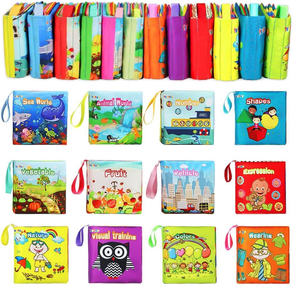 My First Soft Book,teytoy Nontoxic Fabric Baby Cloth Activity Crinkle Soft Books for Infants Boys and Girls Early Educational Toys (Pack of 12)
