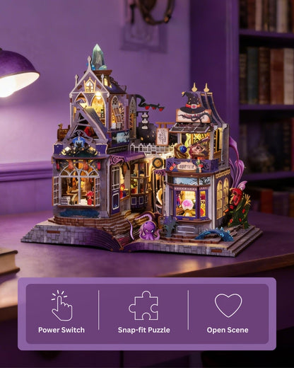 Jorivel Mystic Gateway DIY Miniature House Kit with LED Light – Magic Store Dollhouse Craft Kit – 3D Wooden Puzzles Tiny House Book Nook Halloween Birthday for Adults
