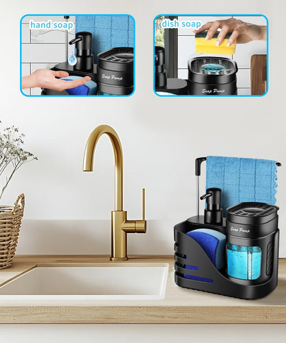 Kitchen Soap Dispenser Set, 4-in-1 Dual Hand and Dish Soap Dispenser with Sponge Holder and Dishcloth Holder for Kitchen Sink (Black)