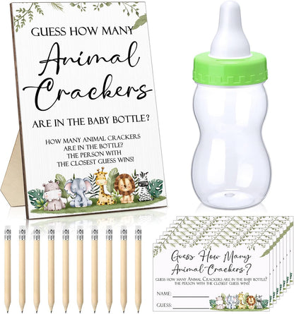 122 100 20 Dandat Pcs Woodland Safari Baby Shower Games Guess How Many Crackers Sign Guessing Cards Milk Bottle Pencils