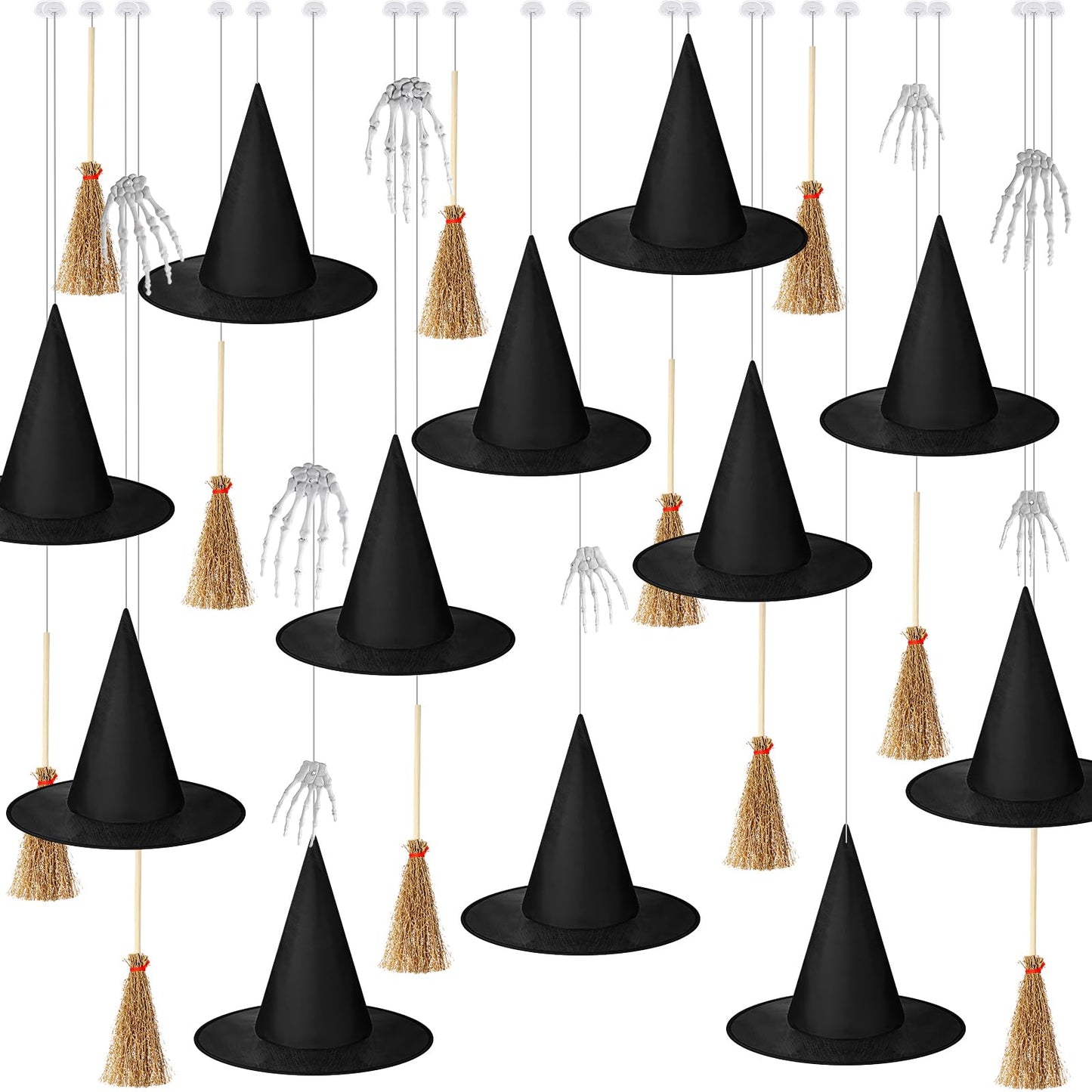 Wavwavw 32 Pcs Halloween Hanging Decorations Set, Floating Witch Brooms Witch Hat Skeleton Hands Wizard Straw Broom Accessories for Party Favors Birthday DIY Crafts