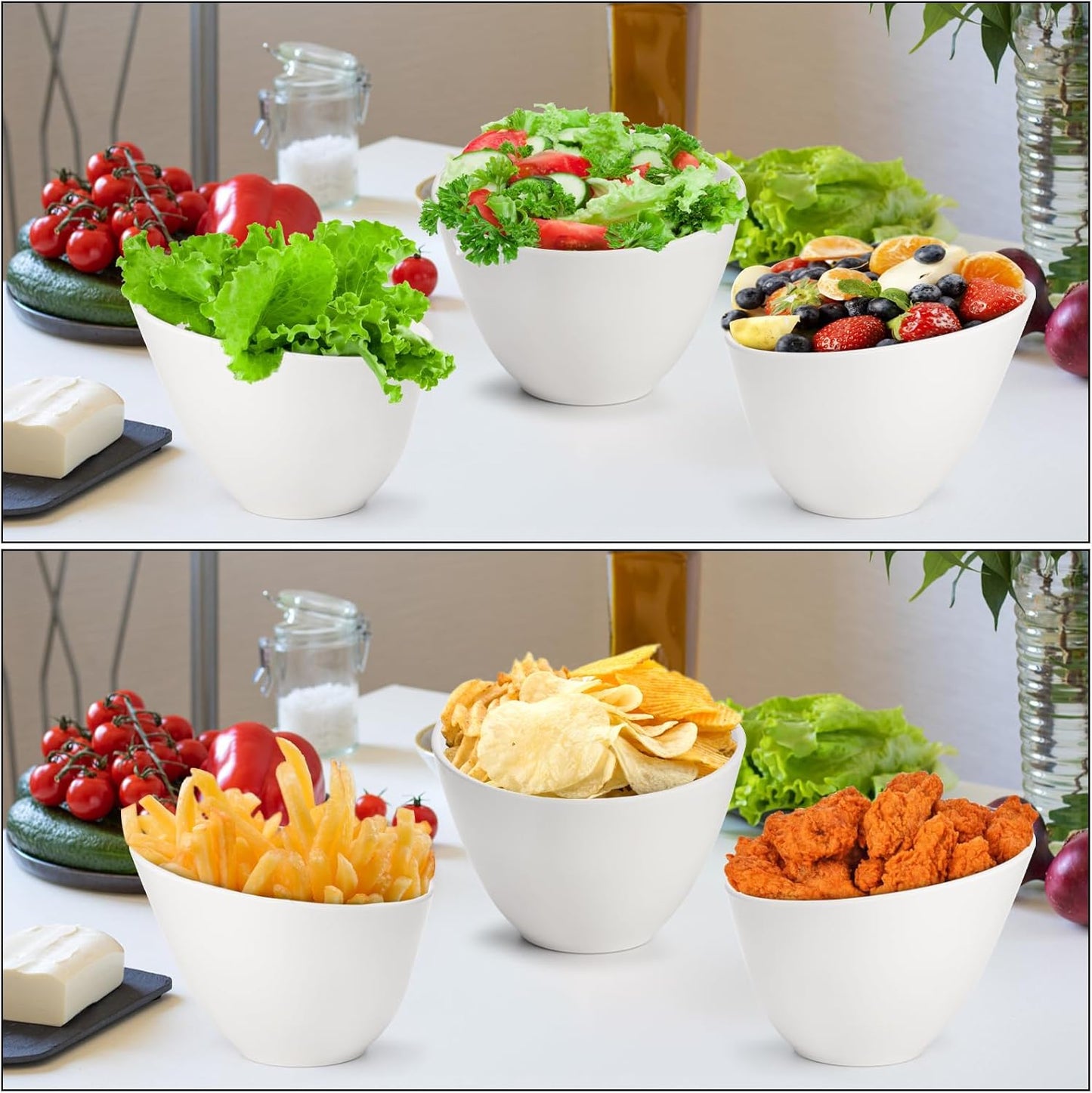 Fasmov 8 Pack Angled Melamine Serving Bowls, Large Party Snack Bowls, Salad Bowls for Weddings, Buffet, White